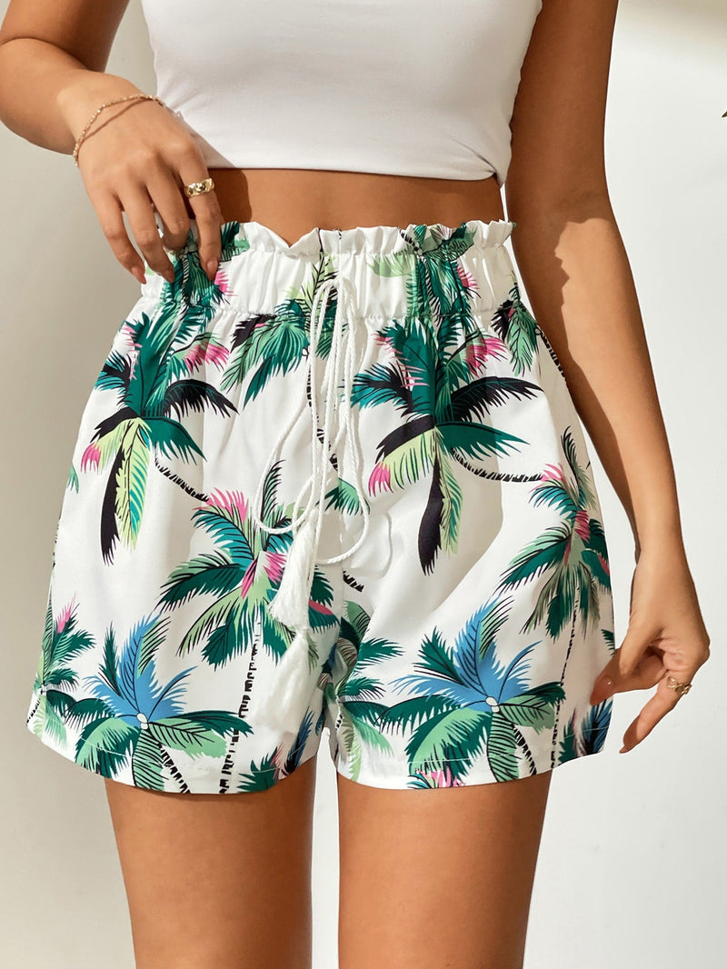 VCAY Shorts de pierna ancha con estampado tropical con nudo delantero de cintura con volante