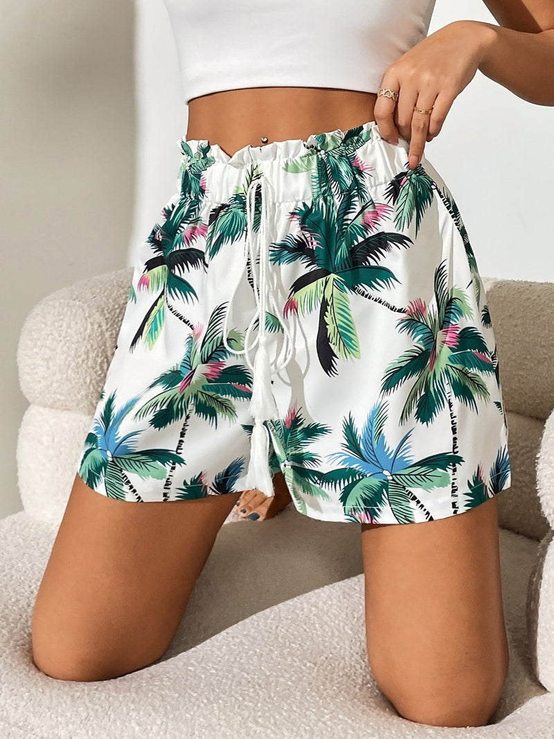 VCAY Shorts de pierna ancha con estampado tropical con nudo delantero de cintura con volante