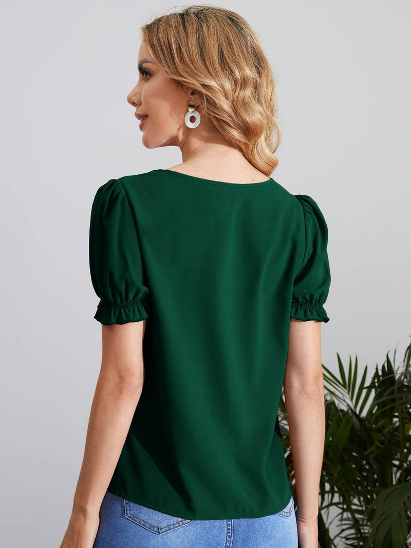 Blusa Verde Con Mangas Infladas Y Cuello De Cerradura