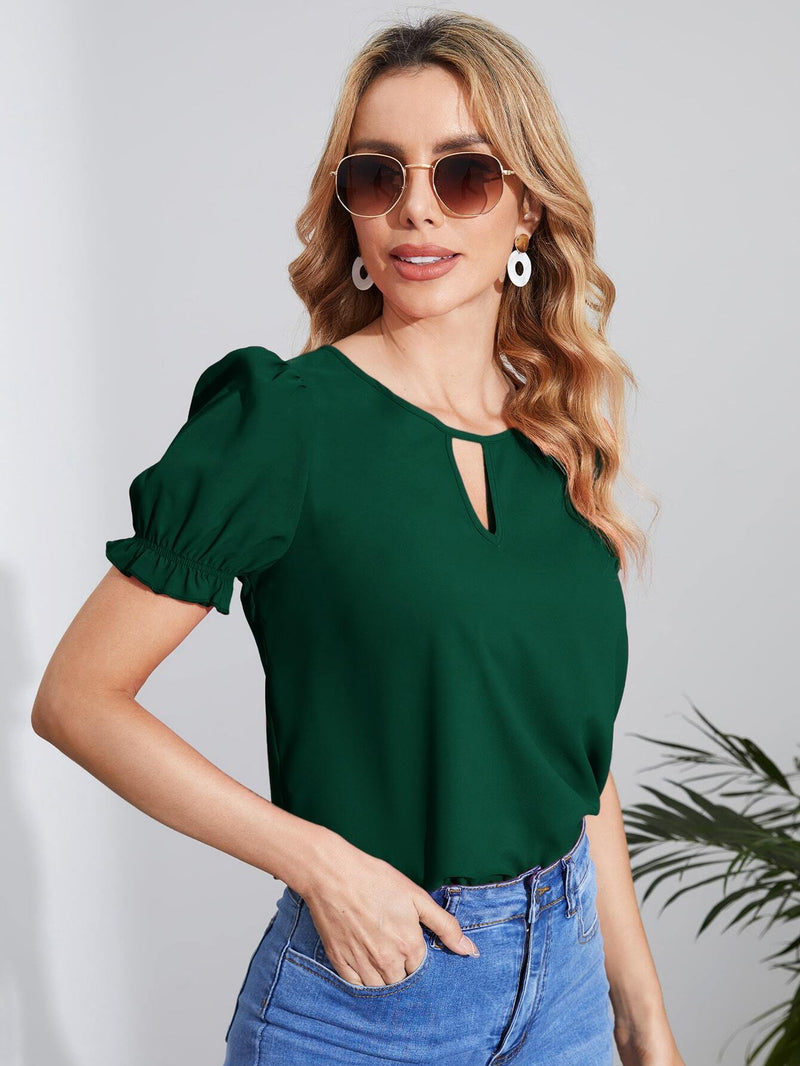 Blusa Verde Con Mangas Infladas Y Cuello De Cerradura