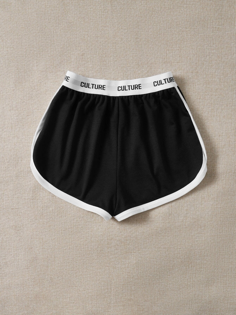 EZwear Shorts de cintura con cinta con letra ribete en contraste