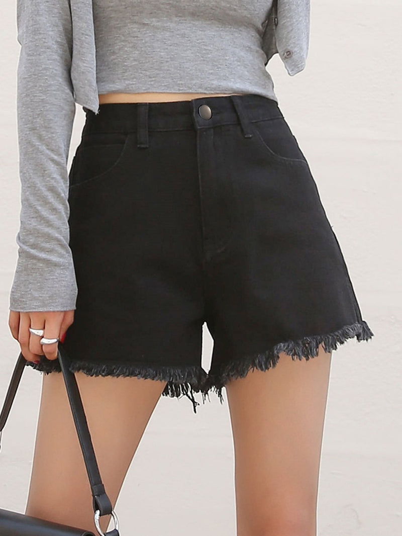 DAZY Shorts en mezclilla de talle alto bajo crudo