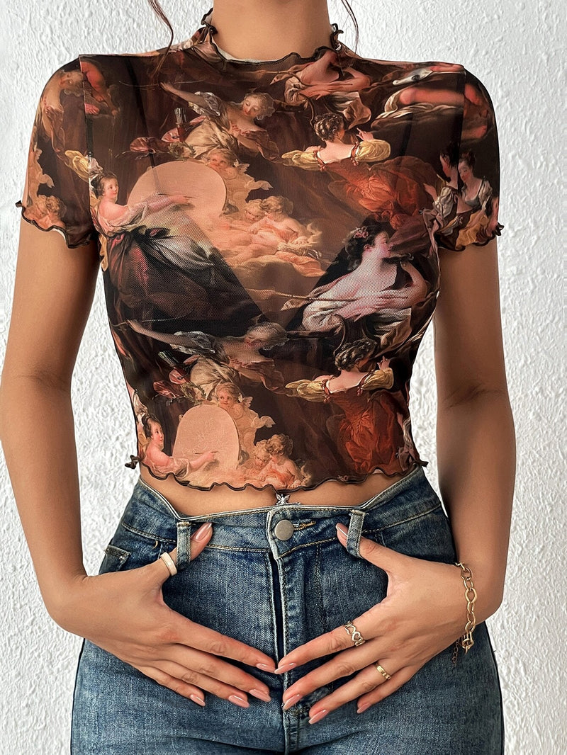 Prive Top con estampado de figura ribete en forma de lechuga de malla sin Brasier