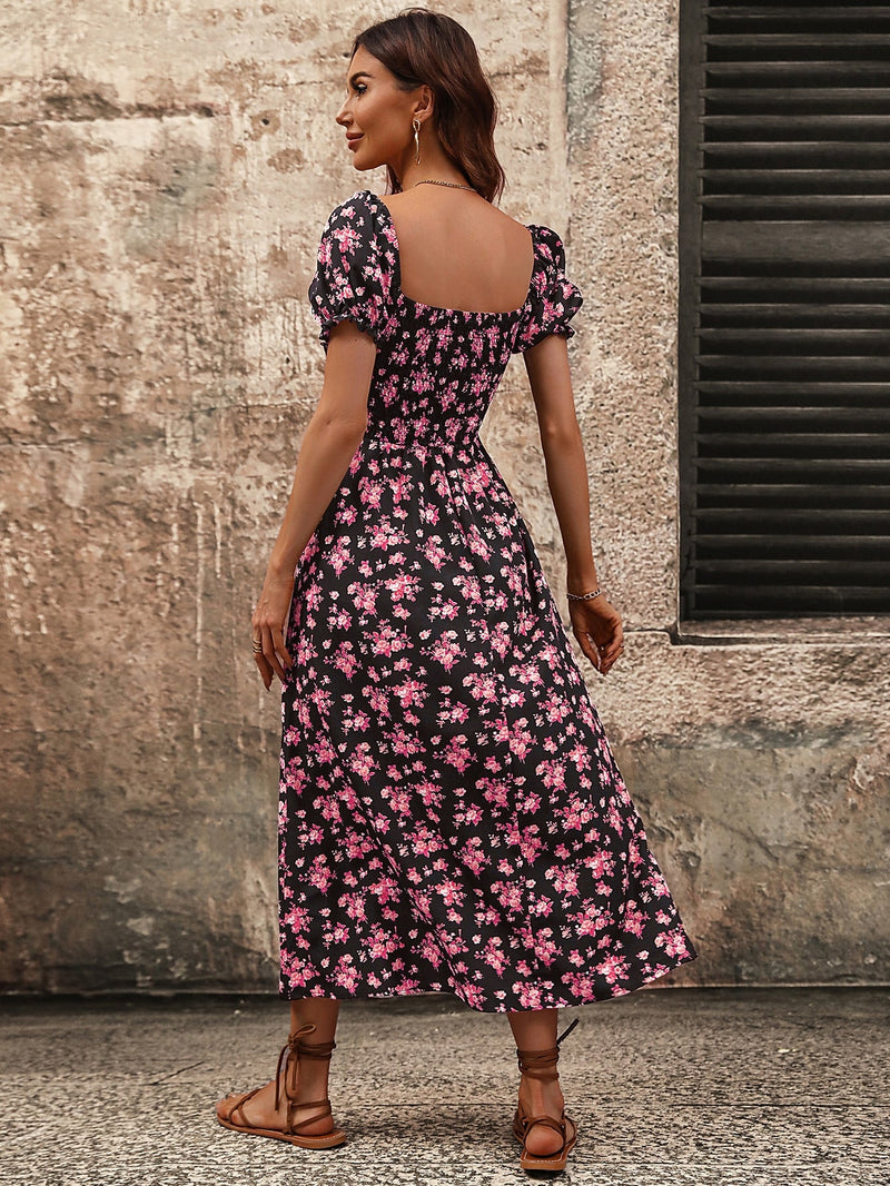 VCAY Vestido con estampado floral de hombros descubiertos con fruncido de muslo con abertura