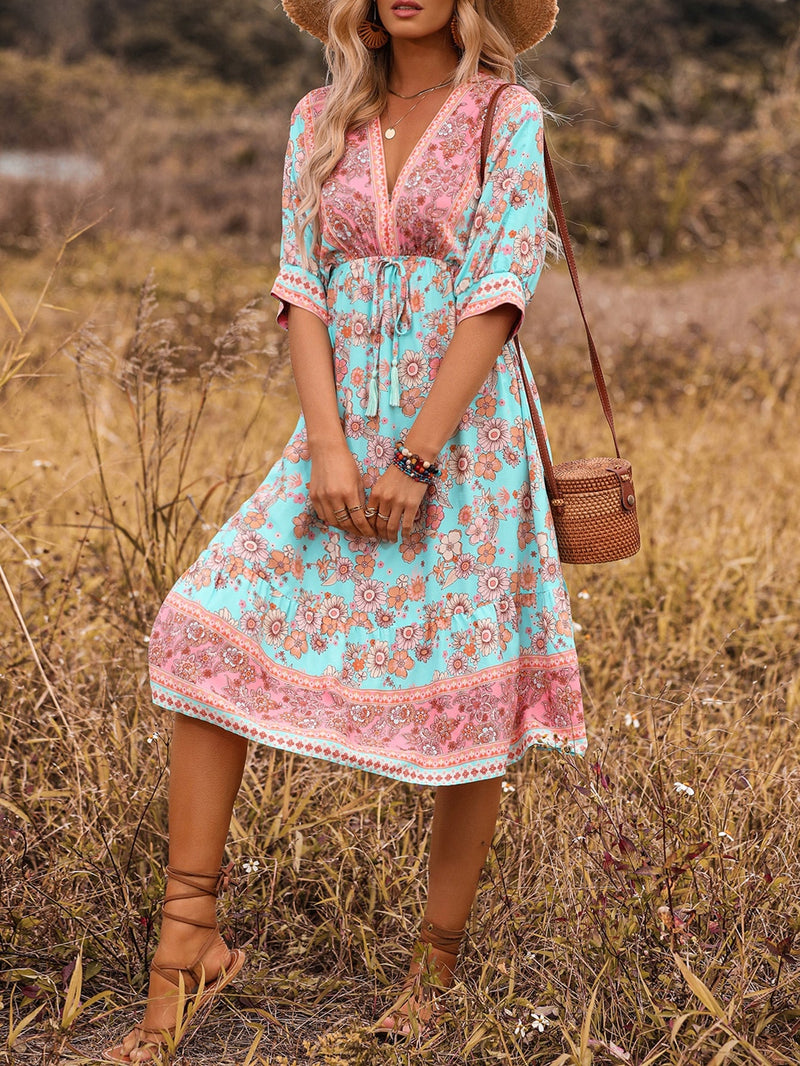 VCAY Vestido con estampado floral de manga murcielago de cintura con cordon