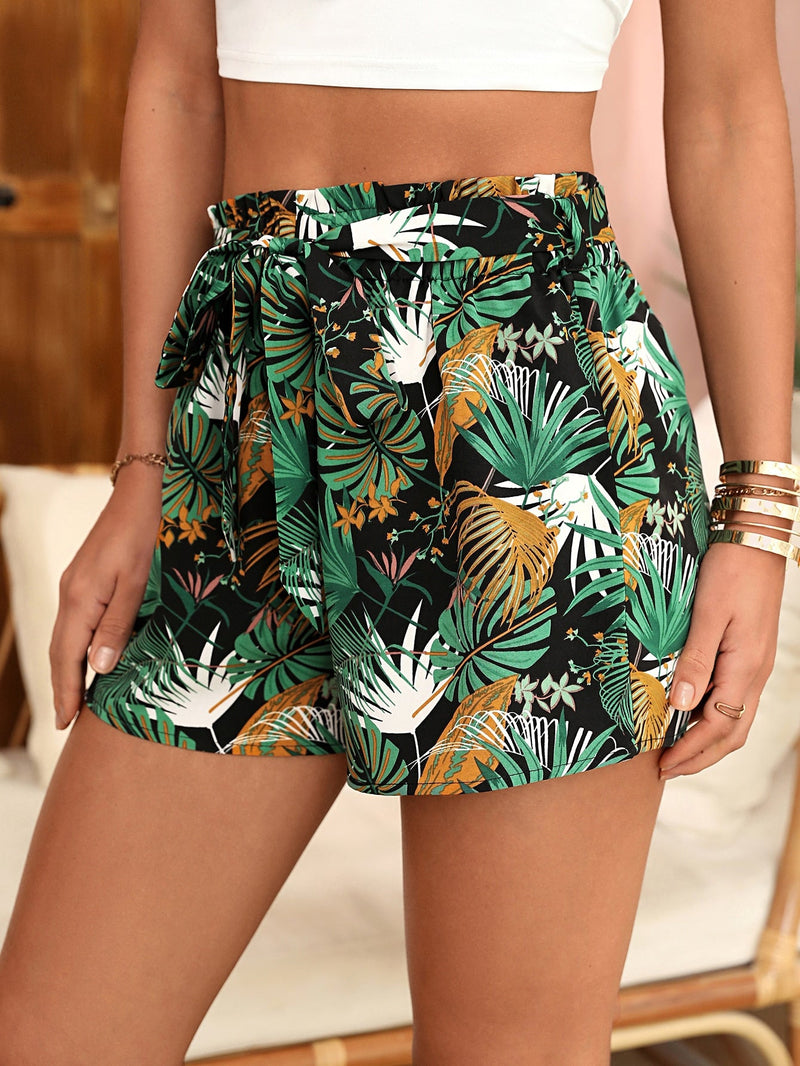 VCAY Shorts con cinturon con estampado tropical de cintura con volante