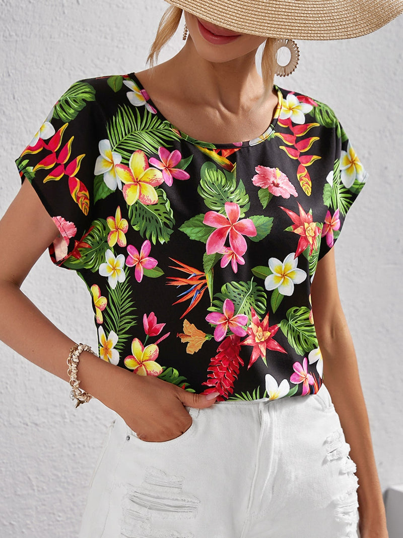 VCAY Blusa playa con estampado tropical de manga murcielago