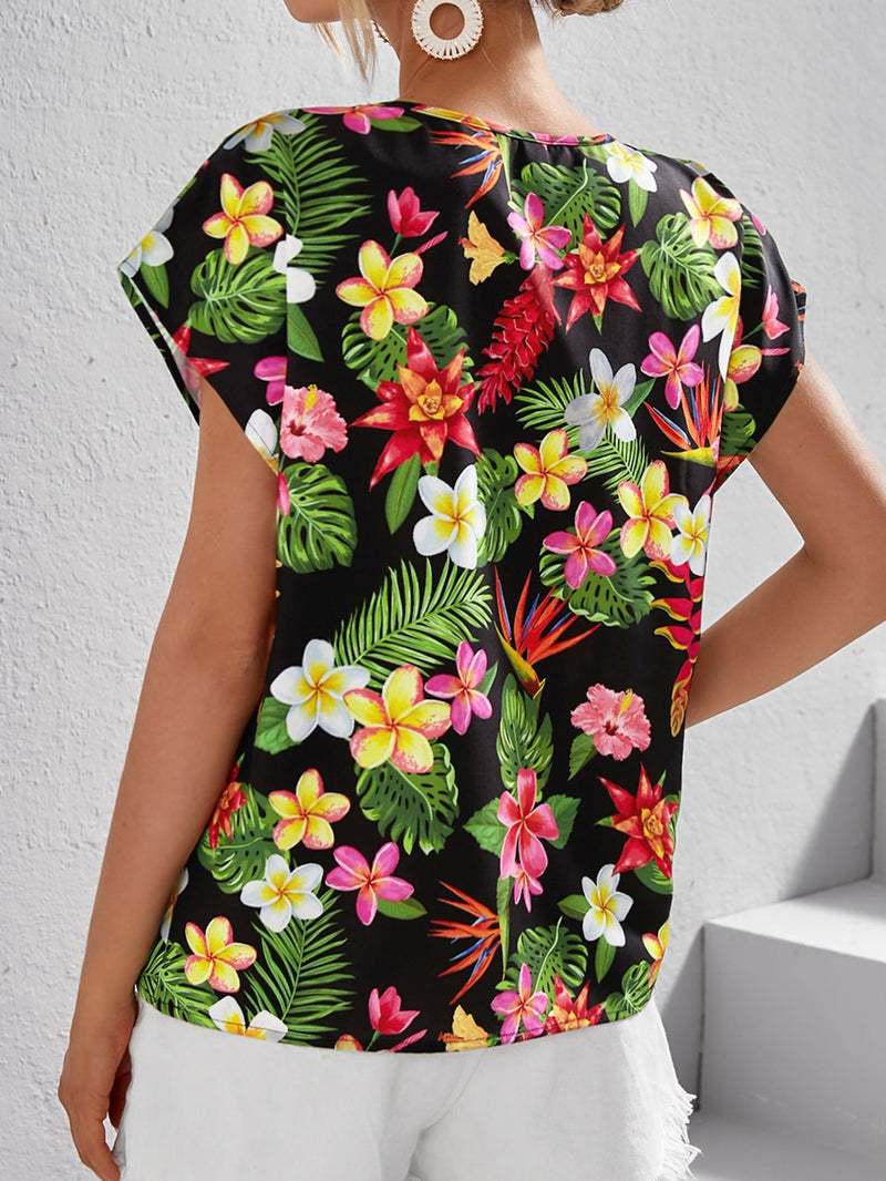 VCAY Blusa playa con estampado tropical de manga murcielago