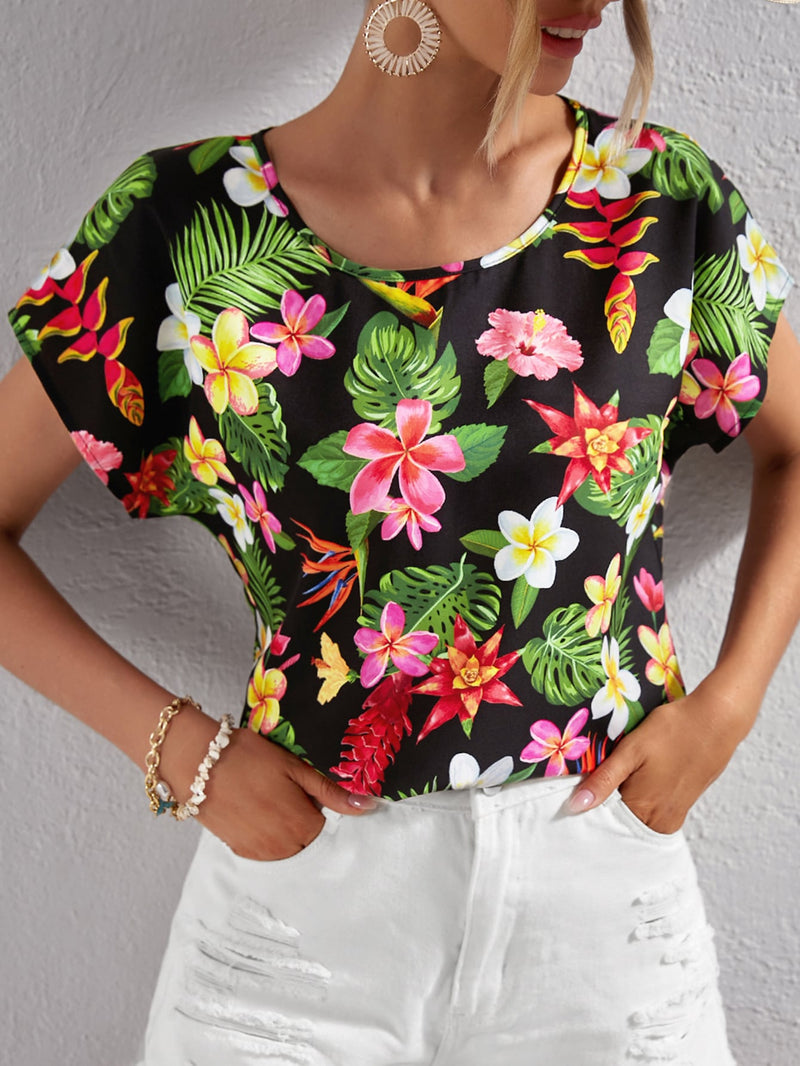 VCAY Blusa playa con estampado tropical de manga murcielago