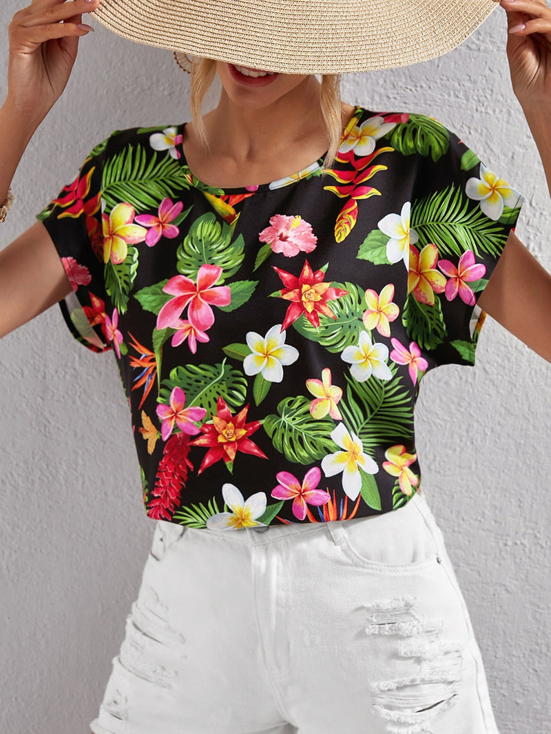 VCAY Blusa playa con estampado tropical de manga murcielago