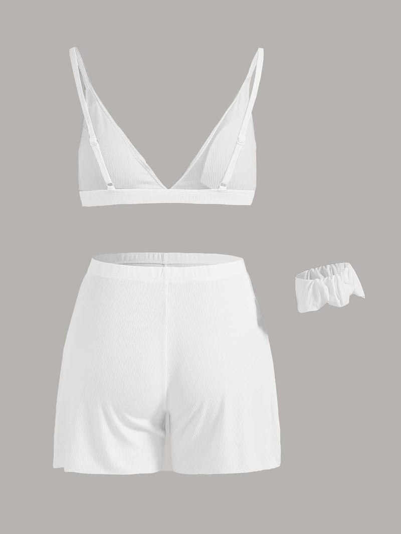 Leisure Juego De Bralette Y Pantalones Cortos Y Scrunchie Suave Y Transpirable En Forma De Triangulo-blanco