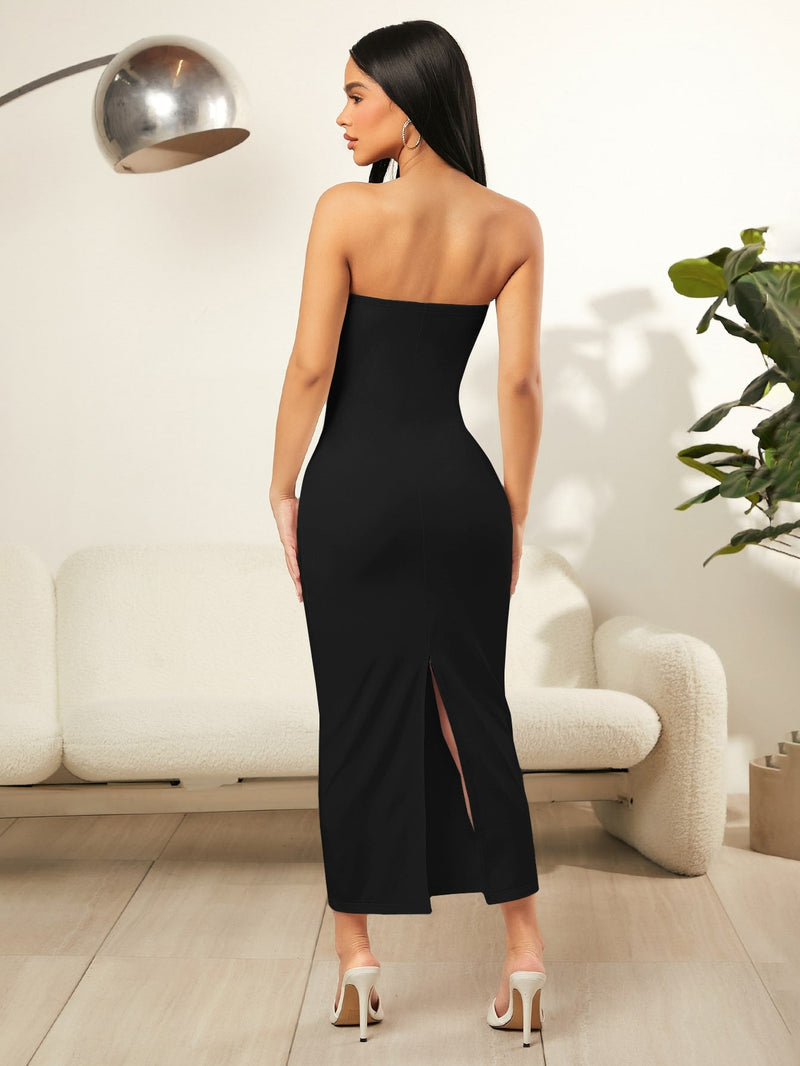 SXY Vestido ajustado tubo unicolor bajo con abertura