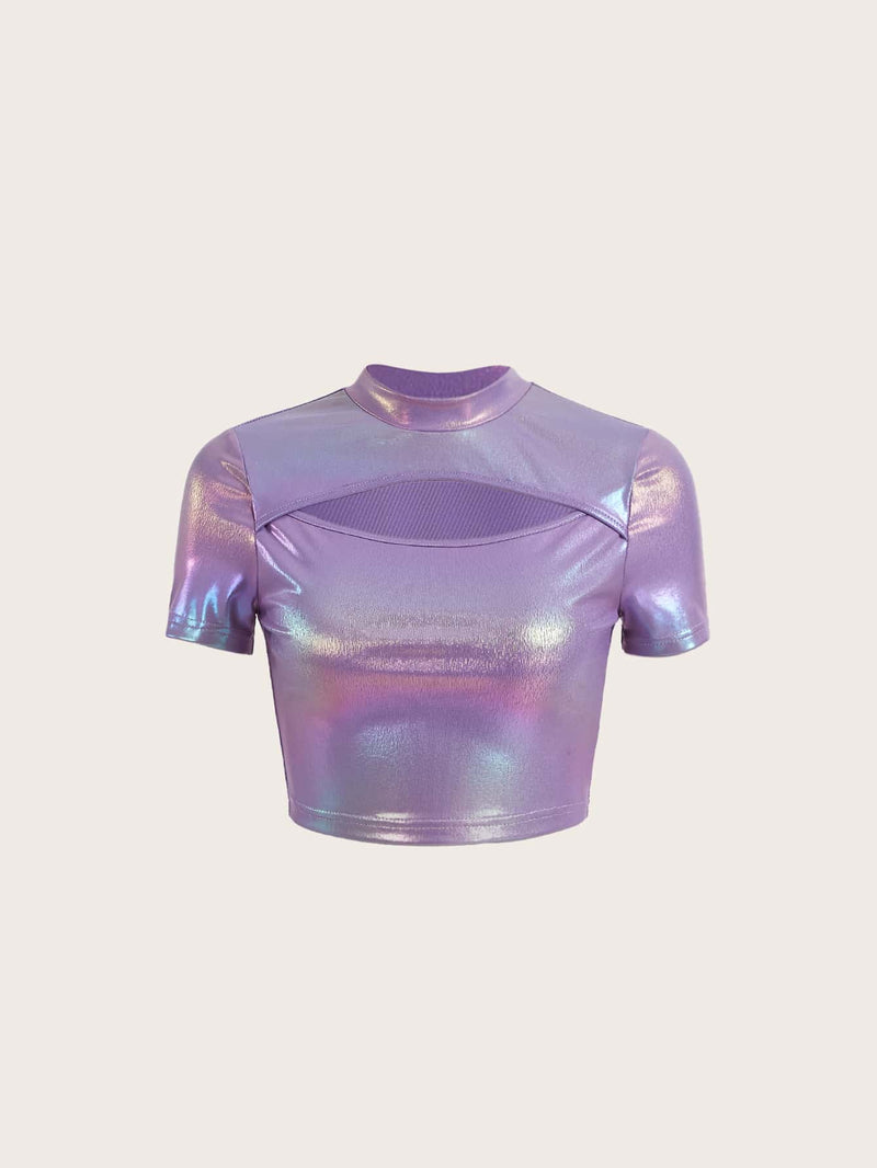 Rave Camiseta corta metalizada con cuello simulado y corte frontal