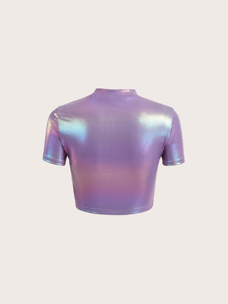 Rave Camiseta corta metalizada con cuello simulado y corte frontal