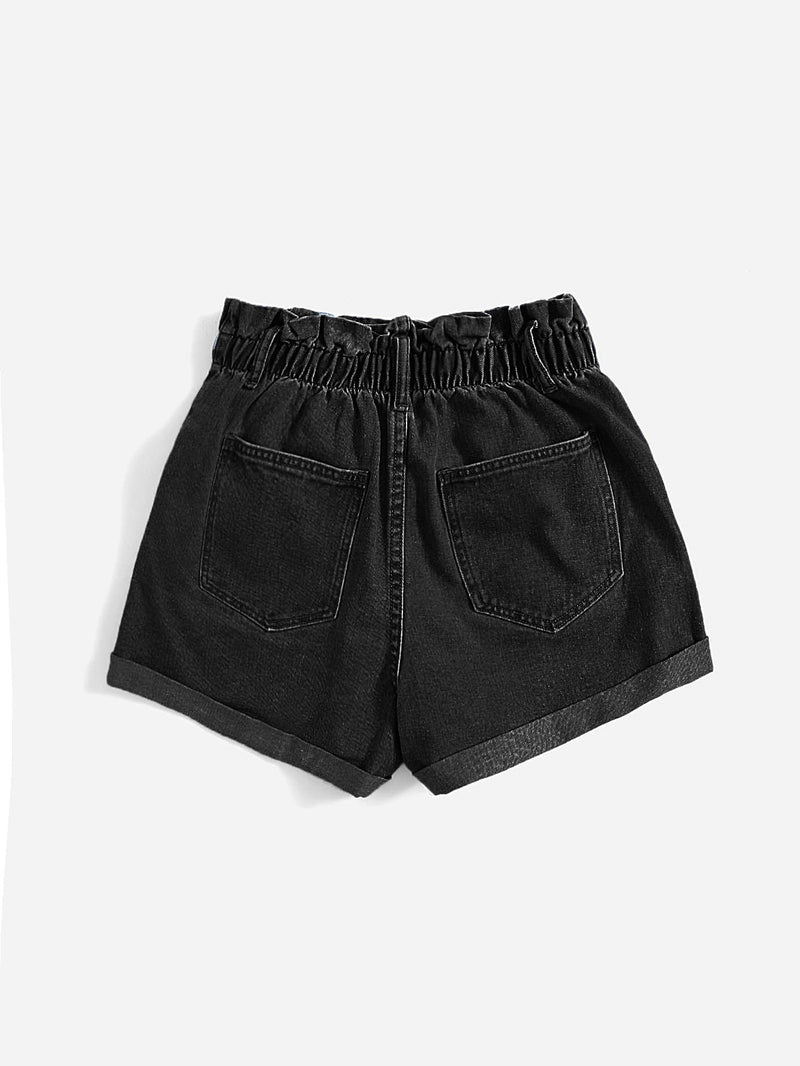 Shorts en mezclilla de cintura con volante desgarro bajo de doblez