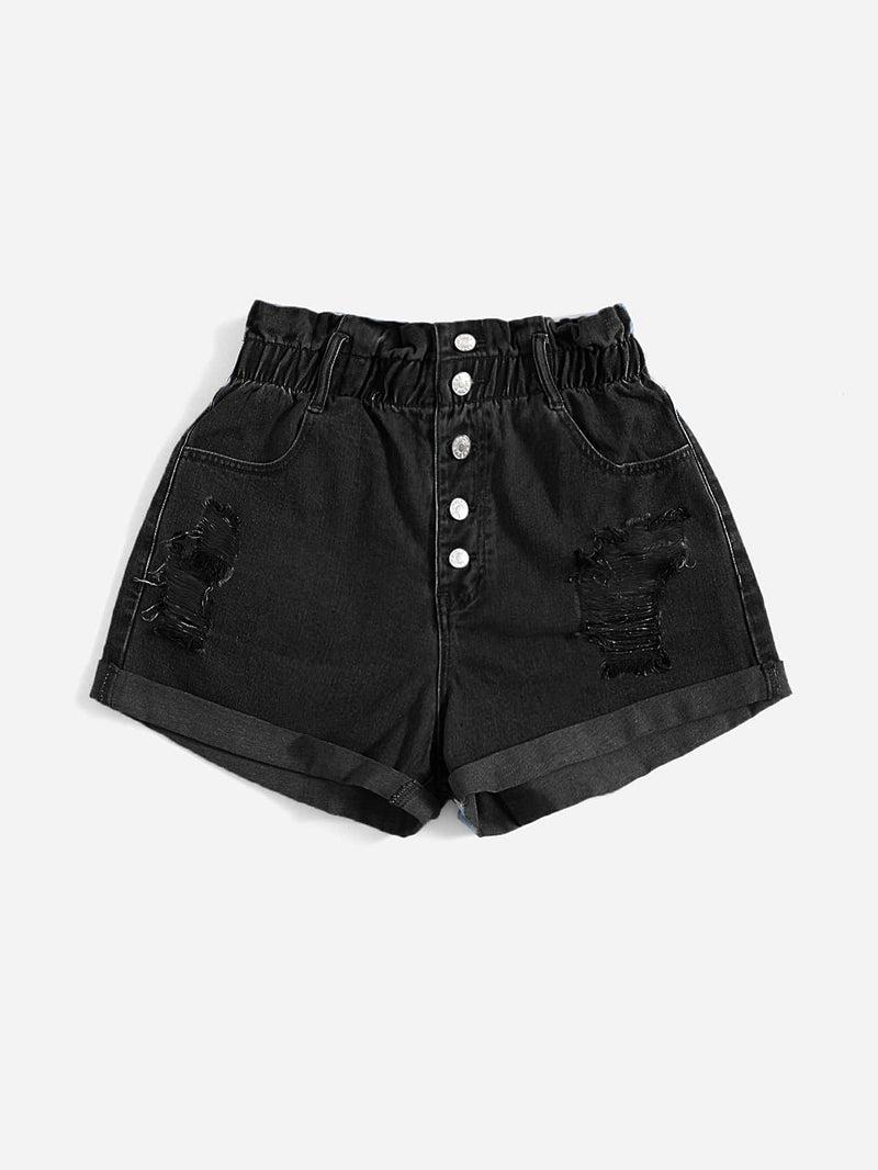 Shorts en mezclilla de cintura con volante desgarro bajo de doblez