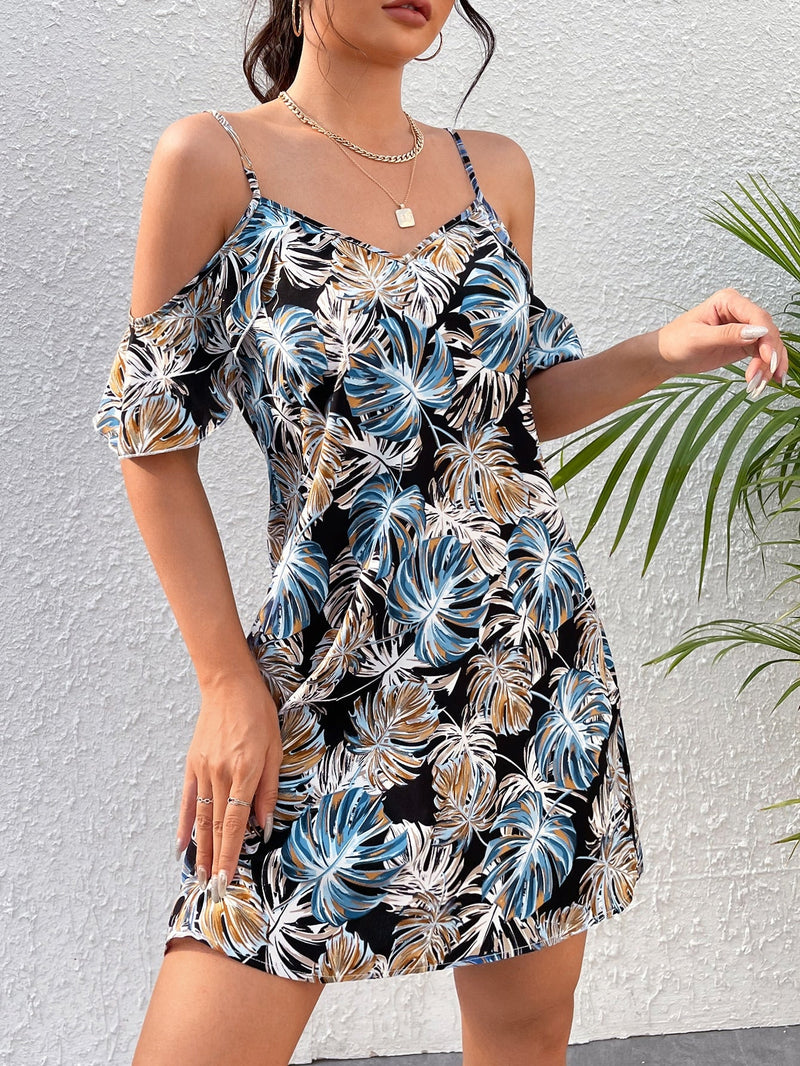 VCAY Vestido con estampado tropical de hombros descubiertos