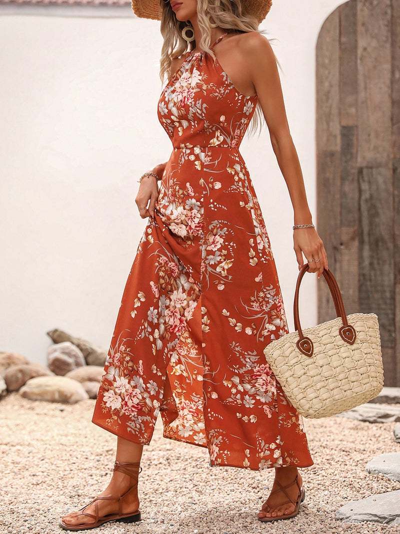 VCAY Vestido halter con estampado floral de muslo con abertura