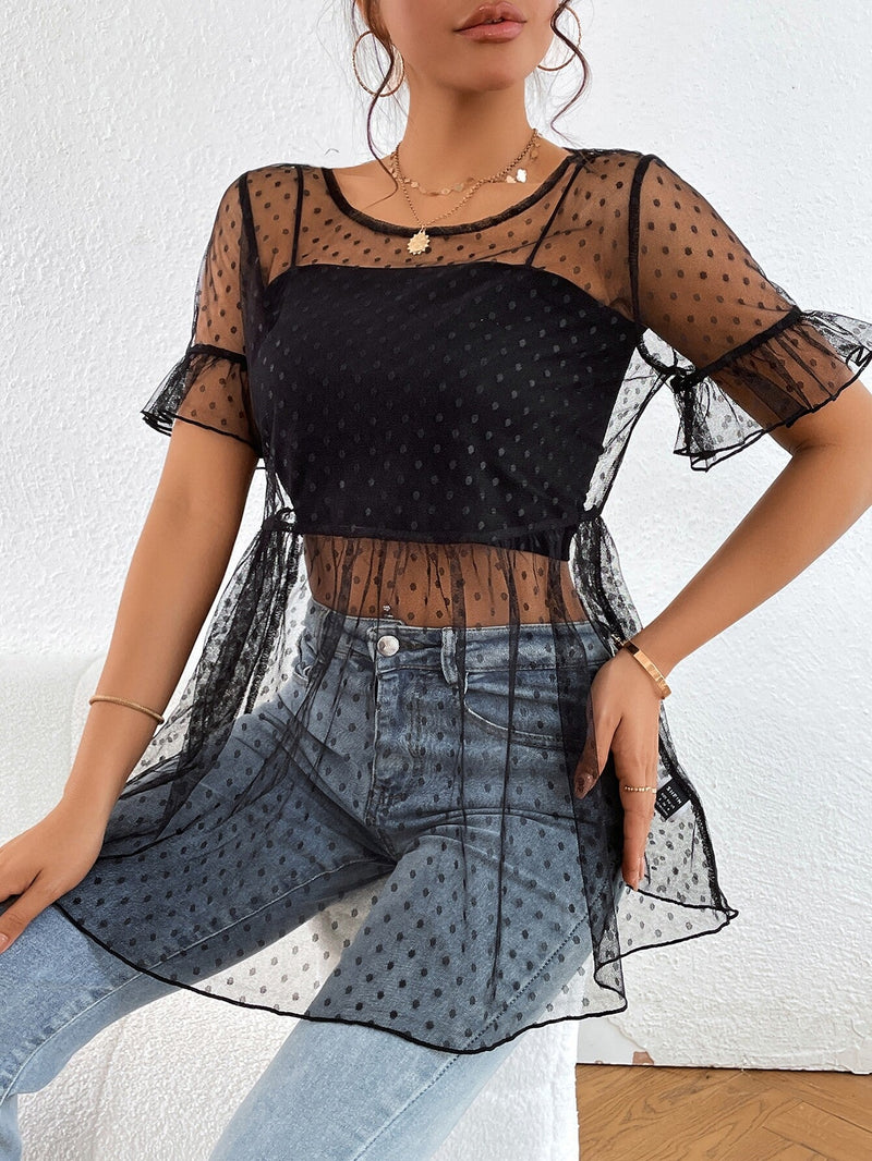 Blusa de lunares de manga con volante peplum de malla sin top de tirantes