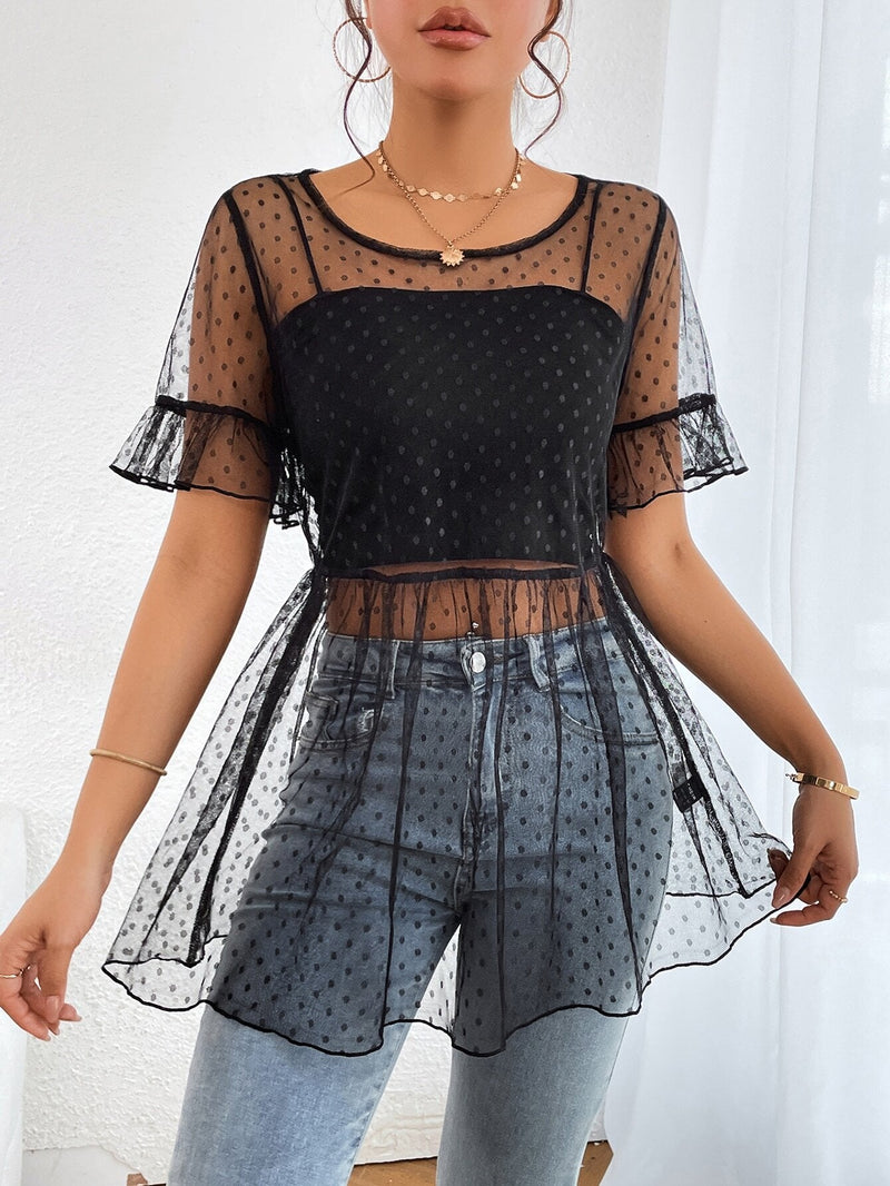 Blusa de lunares de manga con volante peplum de malla sin top de tirantes