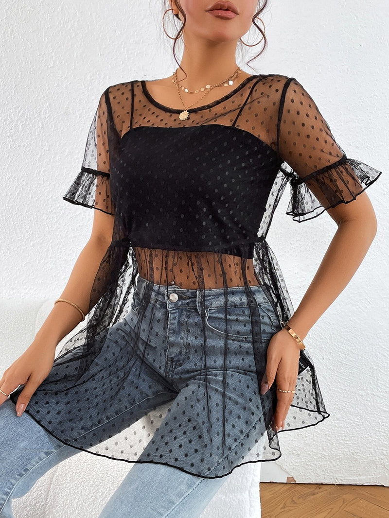 Blusa de lunares de manga con volante peplum de malla sin top de tirantes