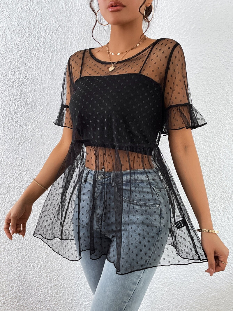 Blusa de lunares de manga con volante peplum de malla sin top de tirantes