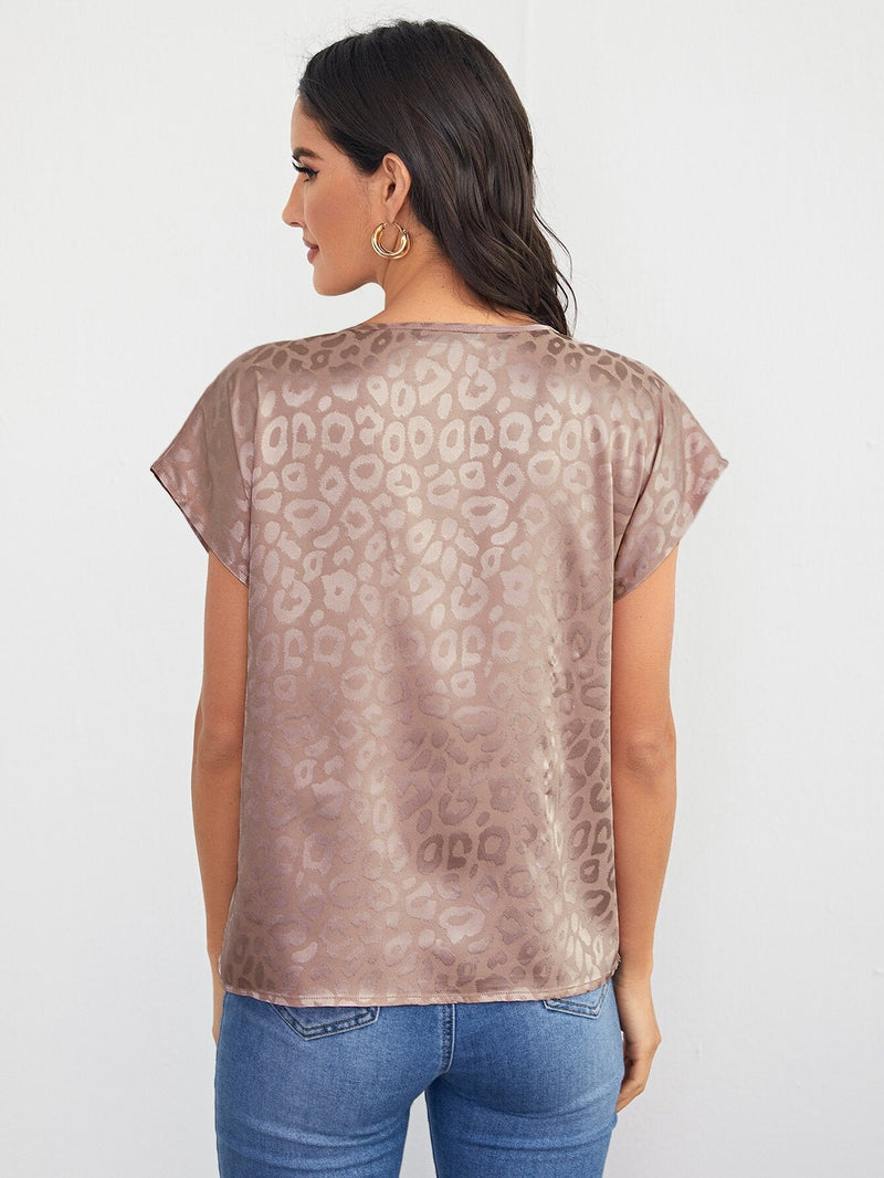 Clasi Top de manga murcielago de leopardo jacquard de saten