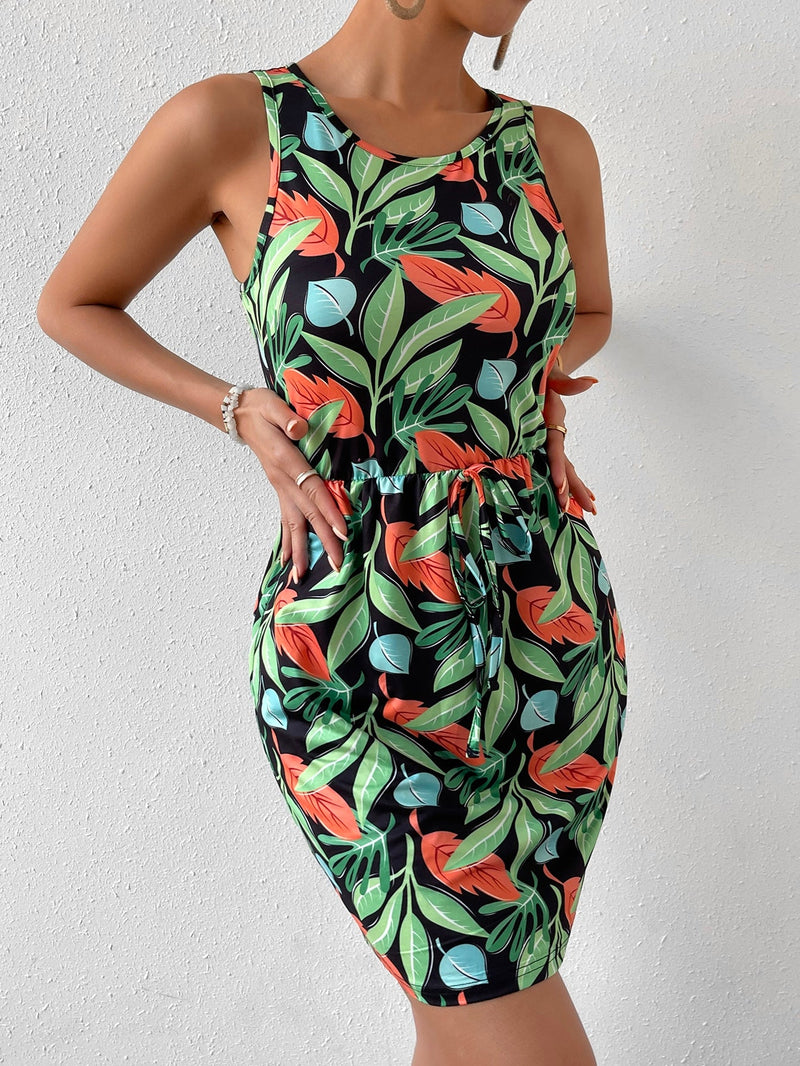 VCAY Vestido con estampado tropical con nudo delantero