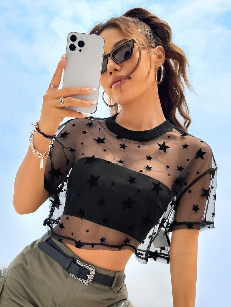 EZwear Top Corto De Malla Transparente De Verano Con Estampado De Estrellas, Sin Tubo Superior