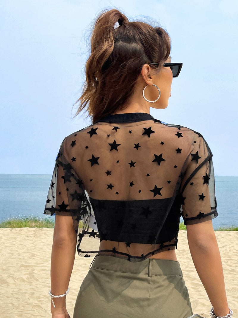 EZwear Top Corto De Malla Transparente De Verano Con Estampado De Estrellas, Sin Tubo Superior