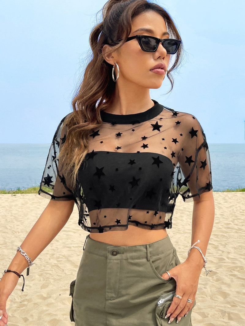 EZwear Top Corto De Malla Transparente De Verano Con Estampado De Estrellas, Sin Tubo Superior