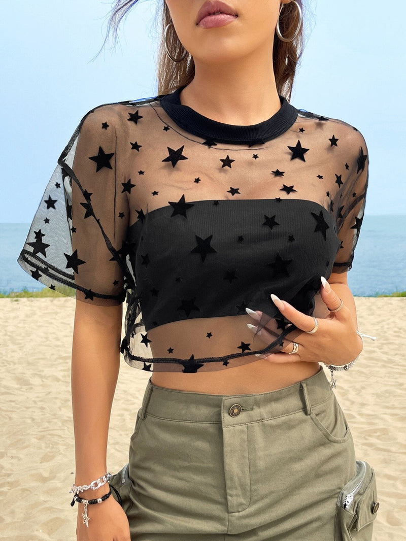 EZwear Top Corto De Malla Transparente De Verano Con Estampado De Estrellas, Sin Tubo Superior