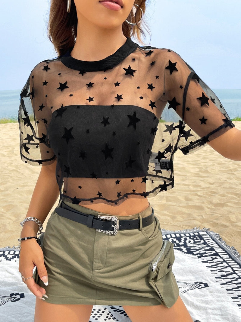 EZwear Top Corto De Malla Transparente De Verano Con Estampado De Estrellas, Sin Tubo Superior