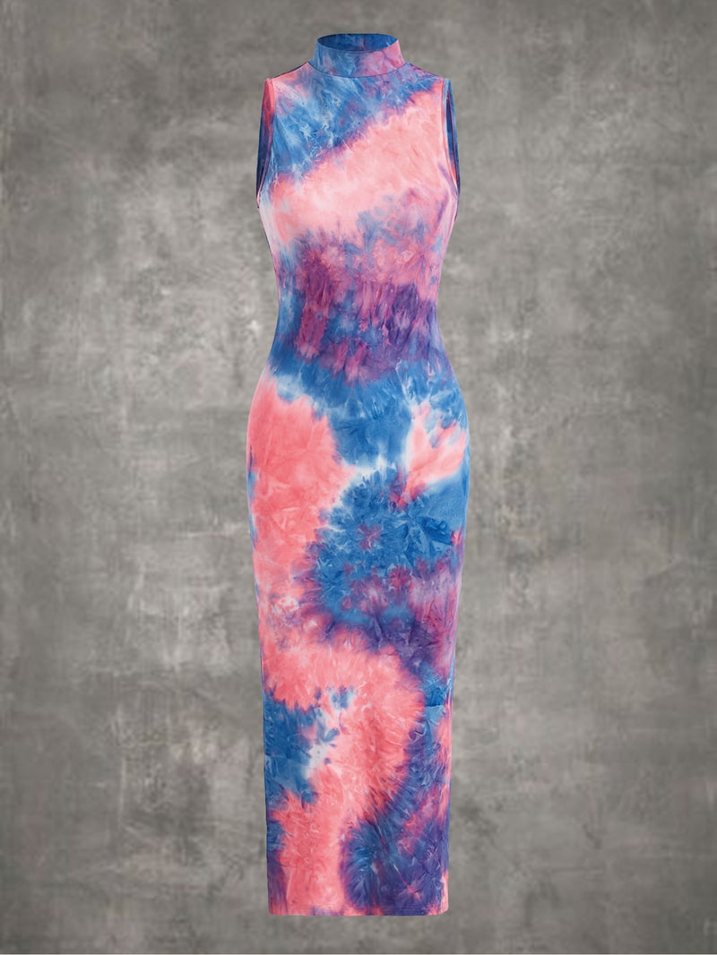 ROMWE PUNK Vestido de tie dye de cuello alto bajo con abertura