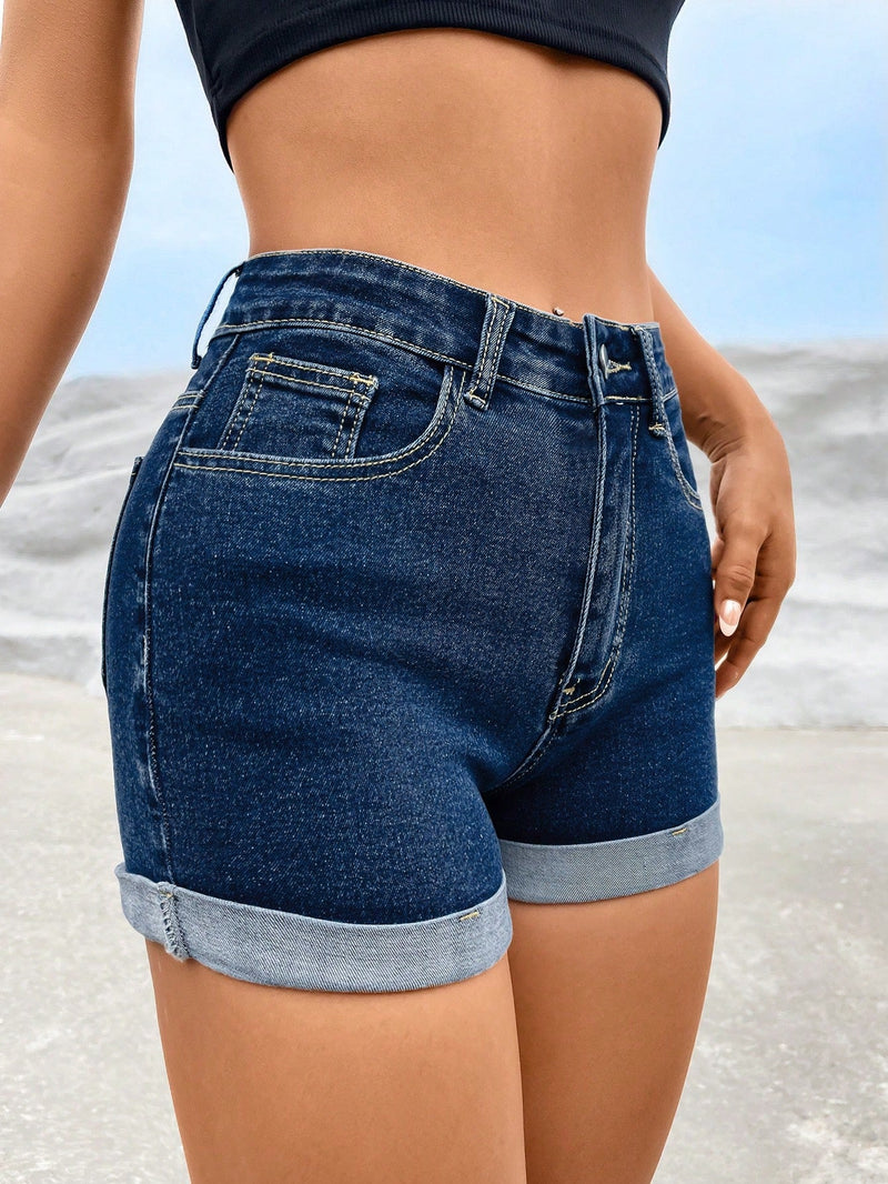 PETITE Shorts en mezclilla de talle alto bajo de doblez