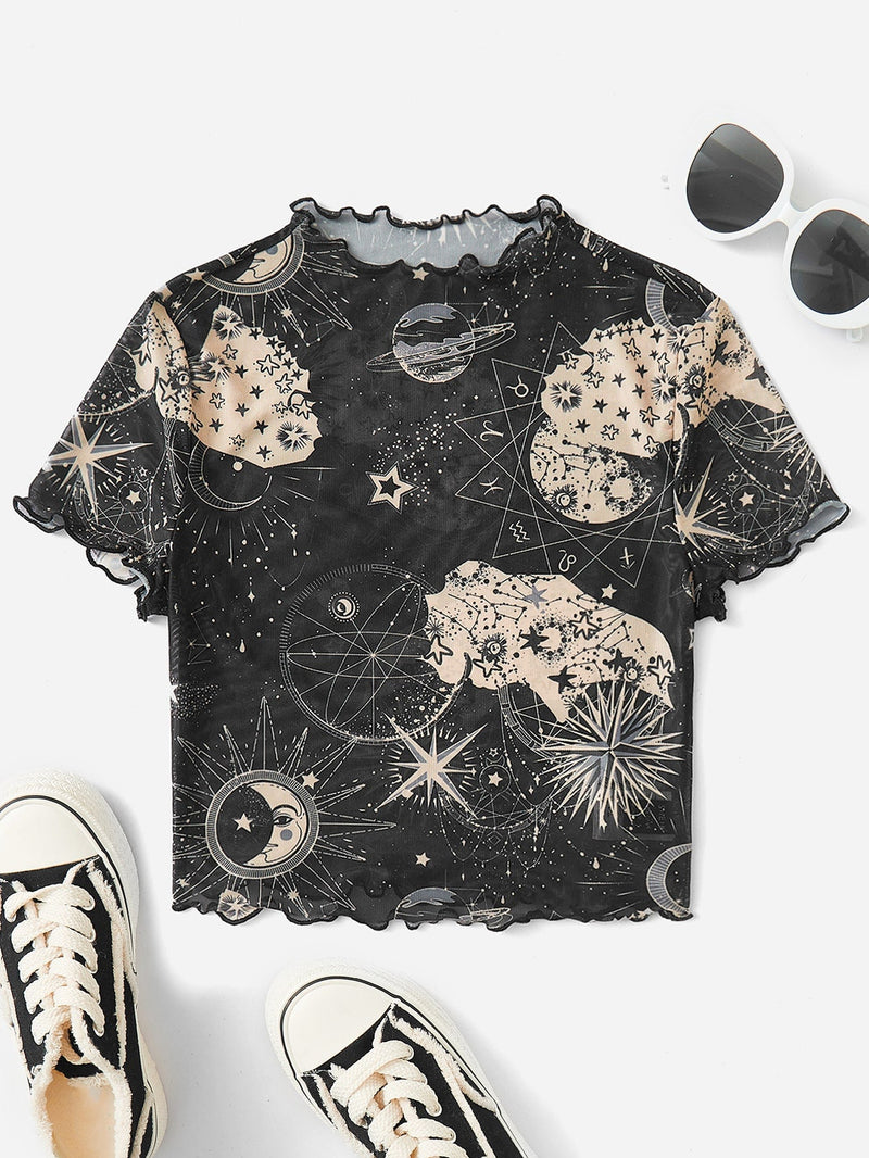 EZwear Top con estampado de galaxia ribete en forma de lechuga de malla sin Brasier