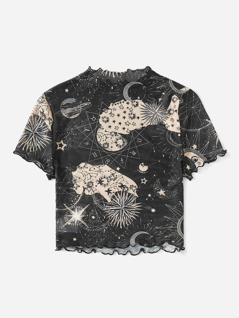 EZwear Top con estampado de galaxia ribete en forma de lechuga de malla sin Brasier