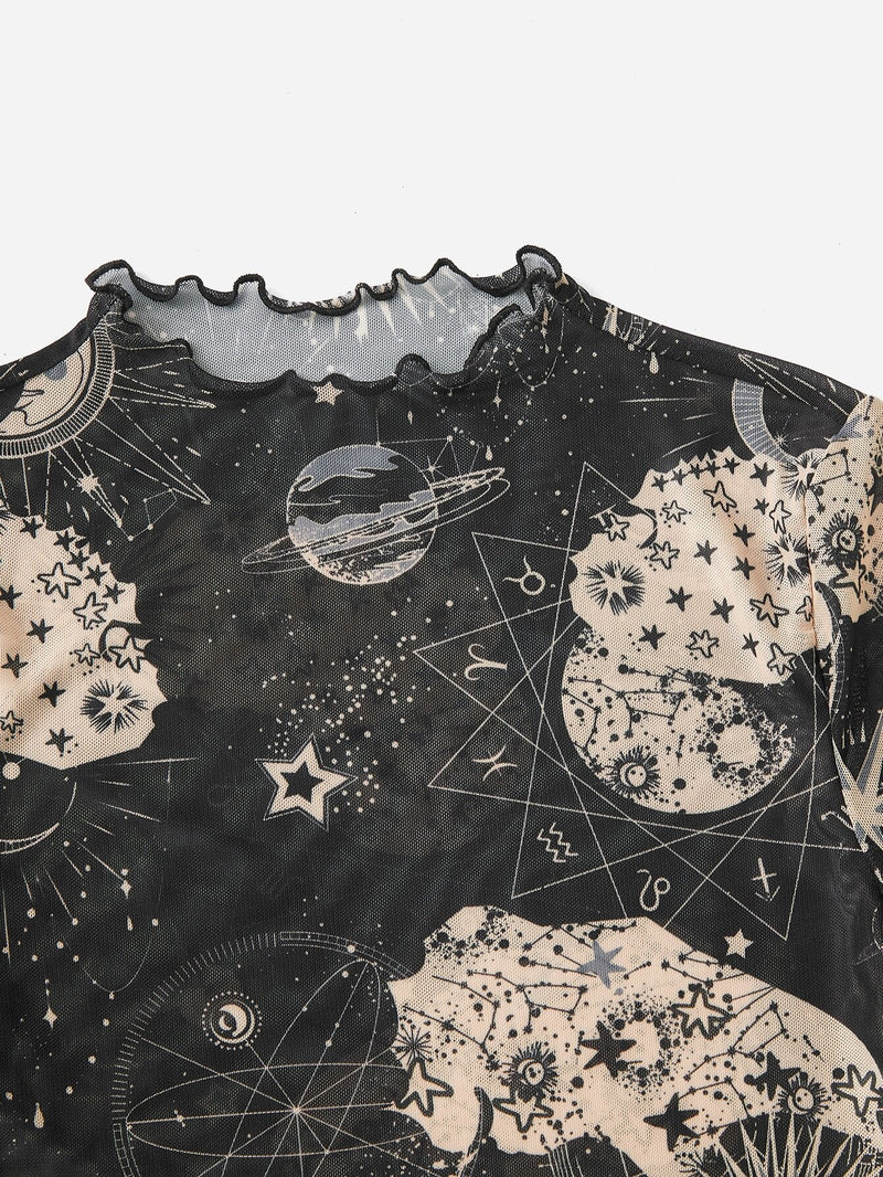 EZwear Top con estampado de galaxia ribete en forma de lechuga de malla sin Brasier