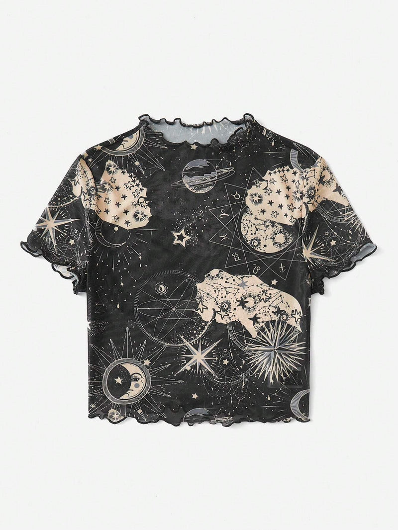 EZwear Top con estampado de galaxia ribete en forma de lechuga de malla sin Brasier