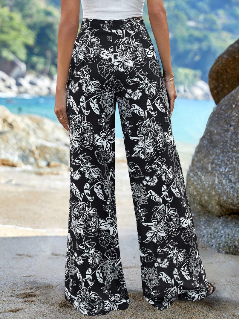 VCAY Pantalones de pierna ancha con estampado floral de muslo con abertura