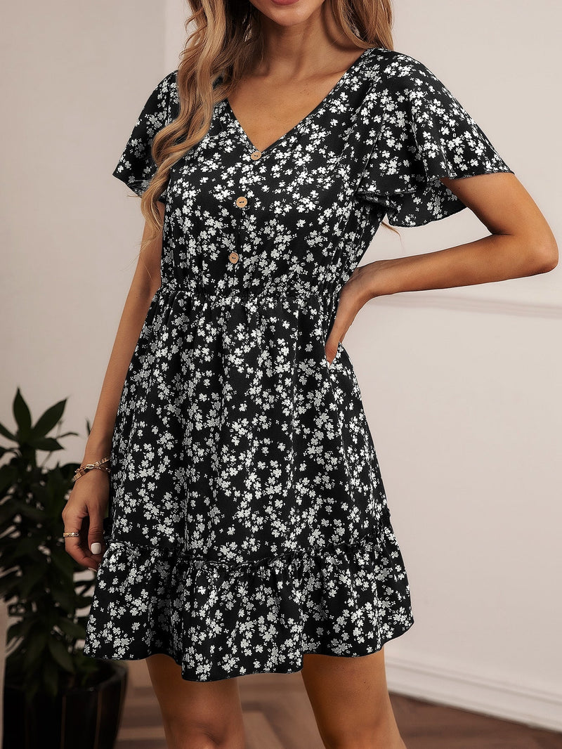 LUNE Vestido con estampado floral de manga mariposa bajo con fruncido