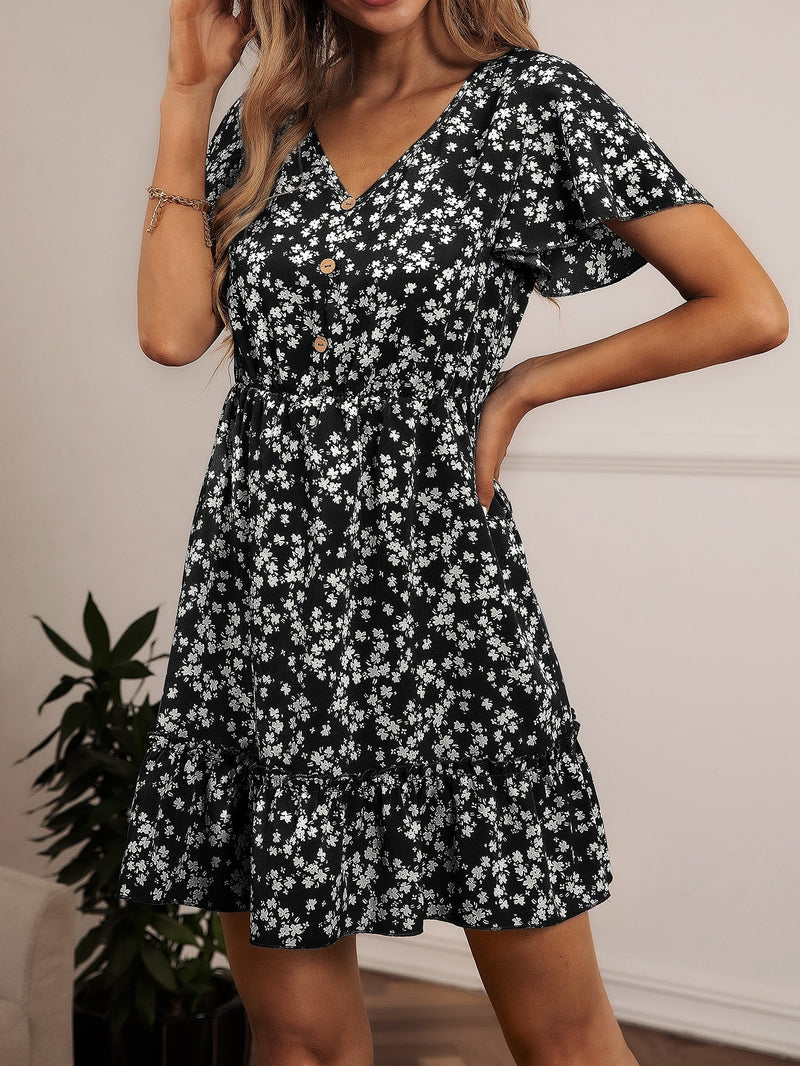 LUNE Vestido con estampado floral de manga mariposa bajo con fruncido