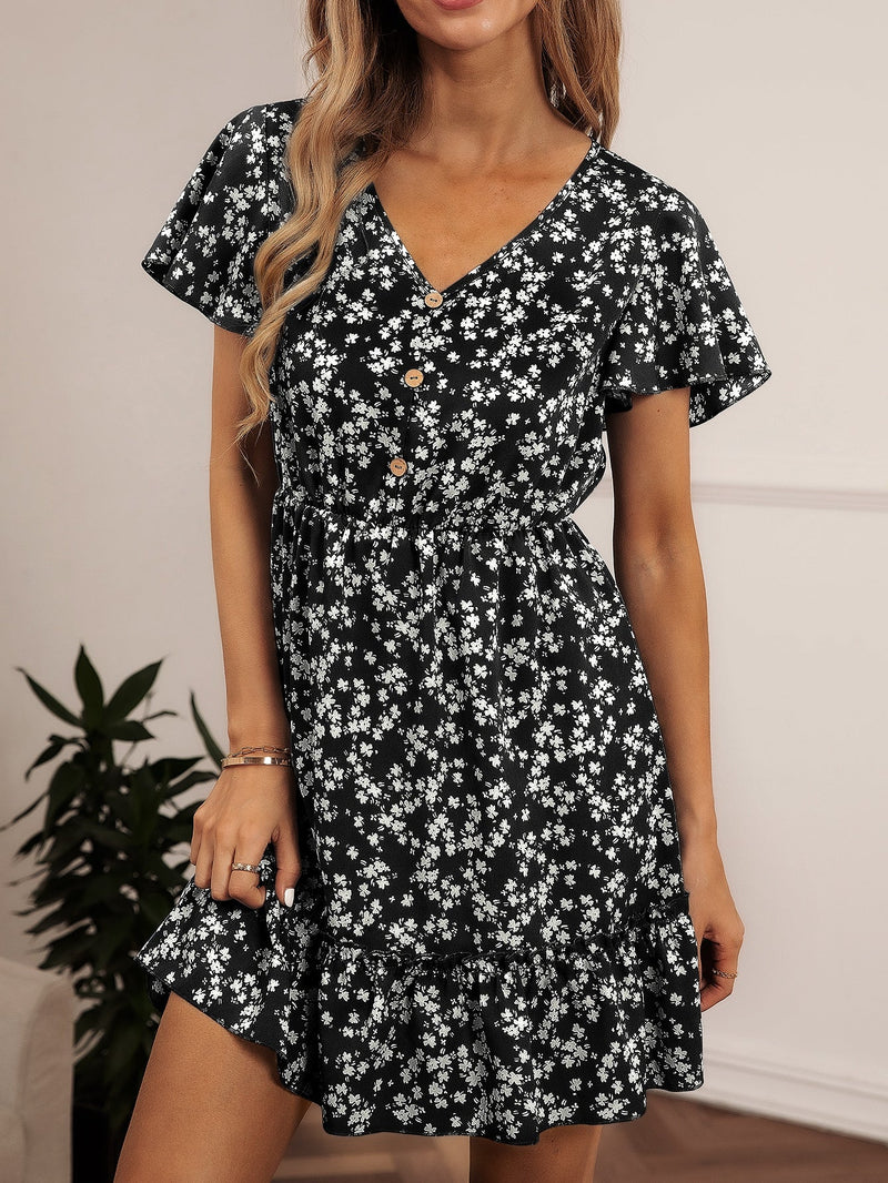 LUNE Vestido con estampado floral de manga mariposa bajo con fruncido