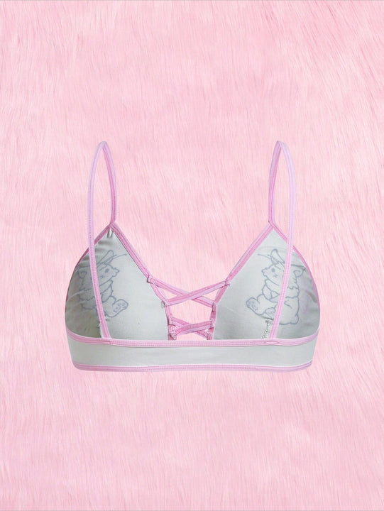 ROMWE Kawaii Sujetador con estampado de dibujos animados unido en contraste con tira cruzada