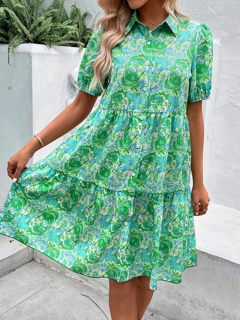 VCAY Vestido smock con estampado de pluma bajo con fruncido