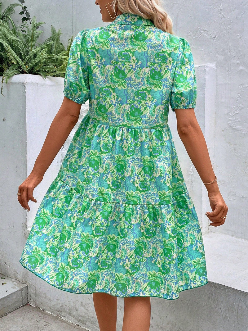 VCAY Vestido smock con estampado de pluma bajo con fruncido