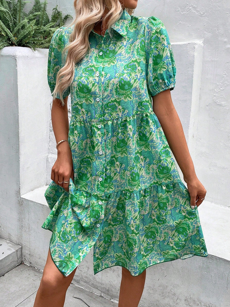 VCAY Vestido smock con estampado de pluma bajo con fruncido