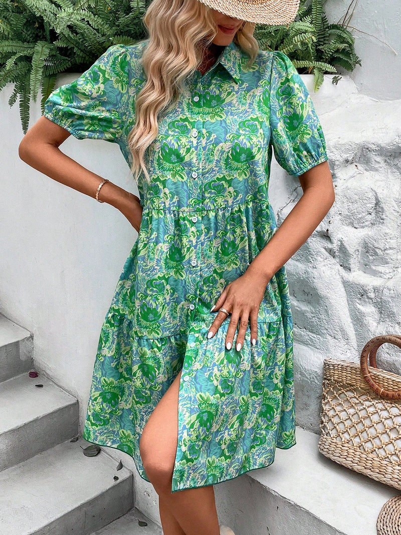 VCAY Vestido smock con estampado de pluma bajo con fruncido