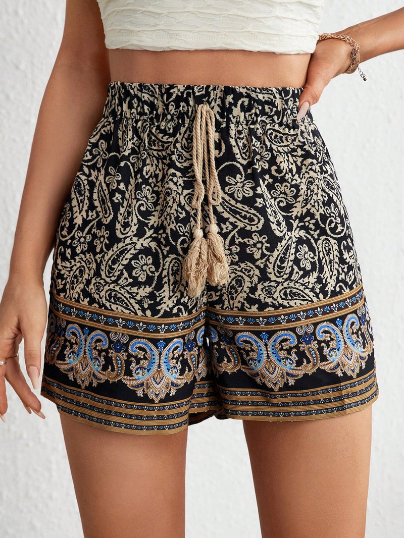 VCAY Shorts con estampado de paisley con fleco de cintura con cordon