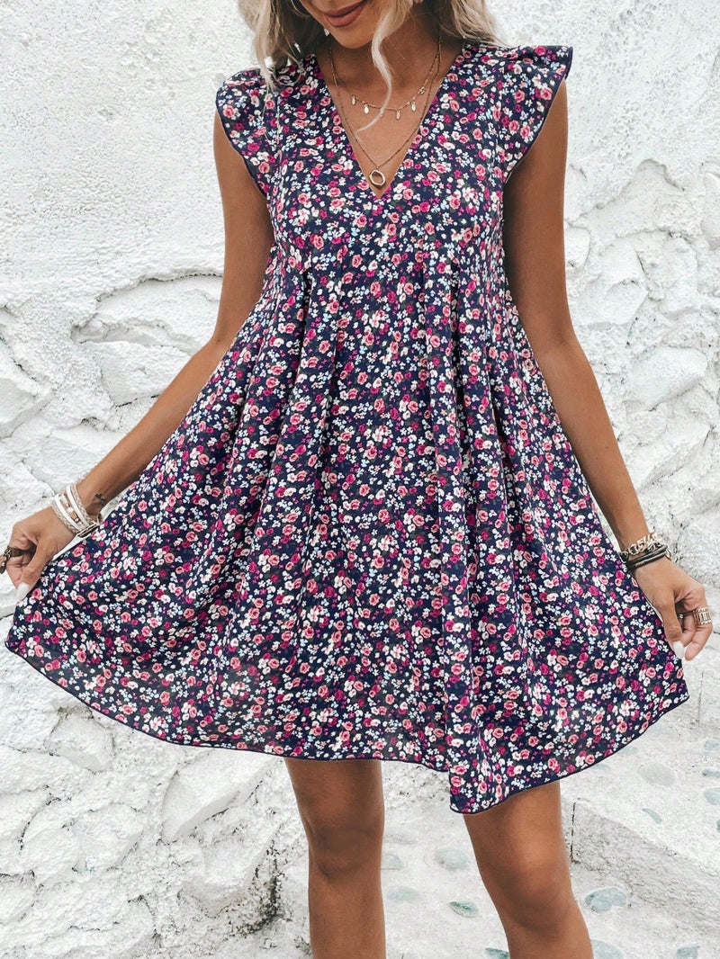 Vestido smock con estampado floral ribete con fruncido